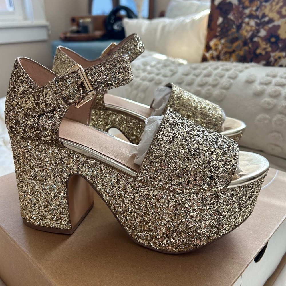 Urban Outfitters Sofia Gold Glitter Platform Heels